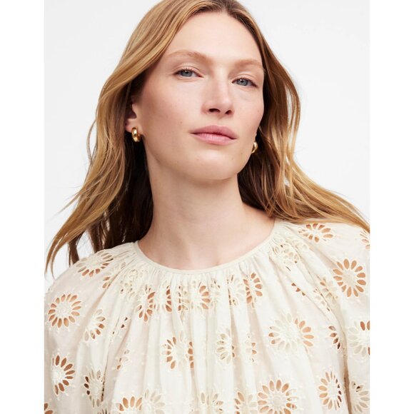 Madewell Embroidered Shirred Puff-Sleeve Top Women's Large Ivory Floral Eyelet - Picture 12 of 16